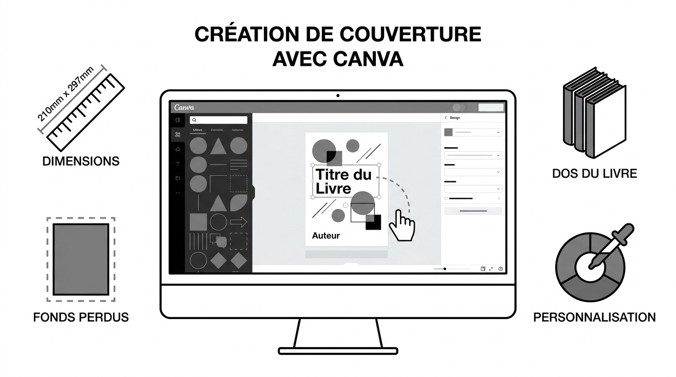 Interface de conception Canva pour couverture de livre avec outils de personnalisation