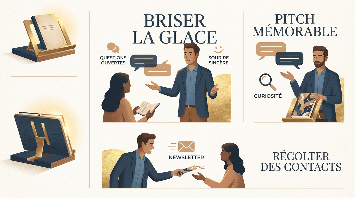 Auteur souriant engageant la conversation avec des lecteurs sur un stand de salon du livre