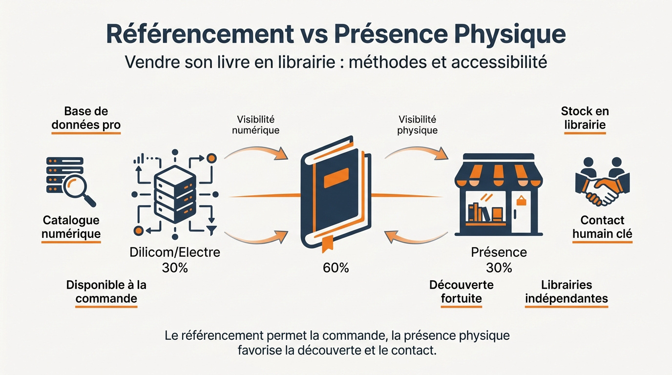 Schéma expliquant la différence entre le référencement numérique et la présence physique d'un livre en librairie